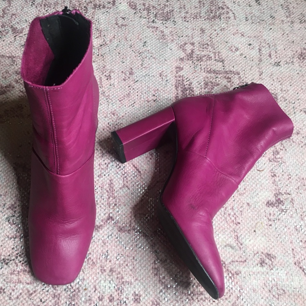 Hot pink leather ankle boot square round toe
